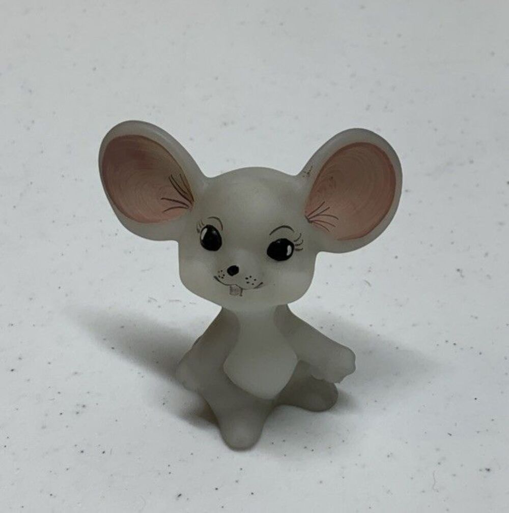Fenton Satin Glass Mouse Signed Label Big Ears Grey Hand Painted Limited